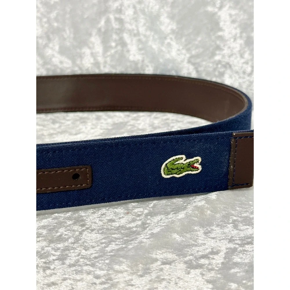 Lacoste Mens Reversible Belt Navy  Canvas Brown Leather Silver Buckle Logo Sz 32